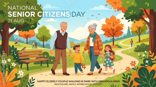 Happy elderly couple walking with grandchildren in park on national senior citizens day autumn background with strolling two grandchildren grandchildren along winding
