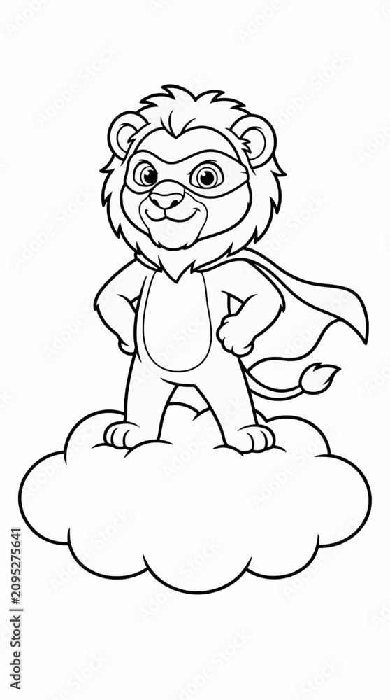 Fototapeta premium Cute Cartoon Lion Cub Superhero with Cape and Mask Standing Proudly on a Cloud, Black and White Outline Illustration for Coloring Pages, Playful Character Design