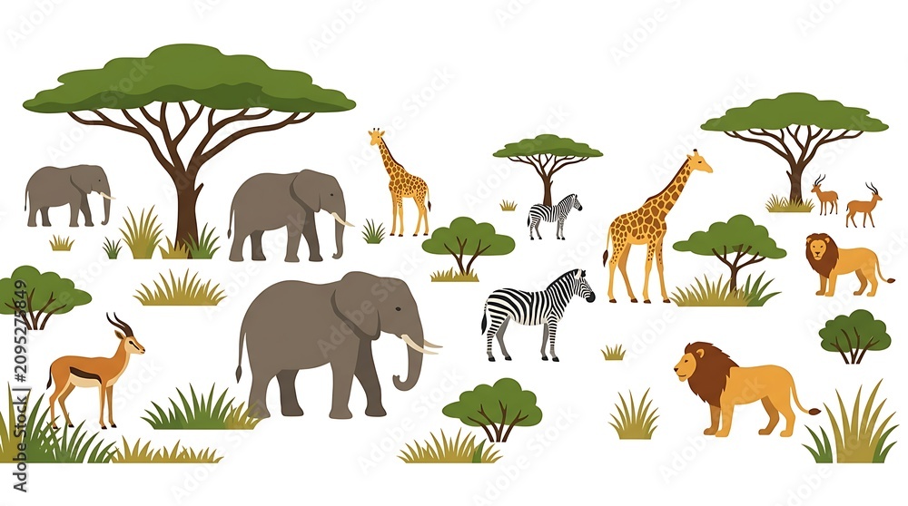 Obraz premium African savanna animal collection with elephants and lions