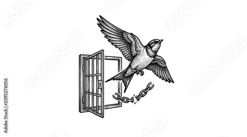 Quadro su tela Bird flying through open window with broken shackles.