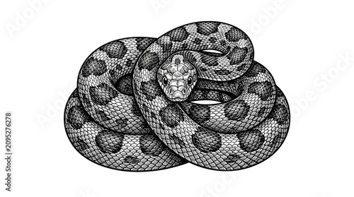 Foto Detailed coiled viper snake engraving illustration.