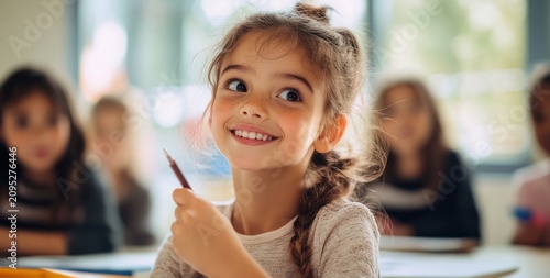 young schoolgirl with a braid holding a pencil and raising her hand in a bright classroom, attentive and curious while classmates sit blurred in the background
