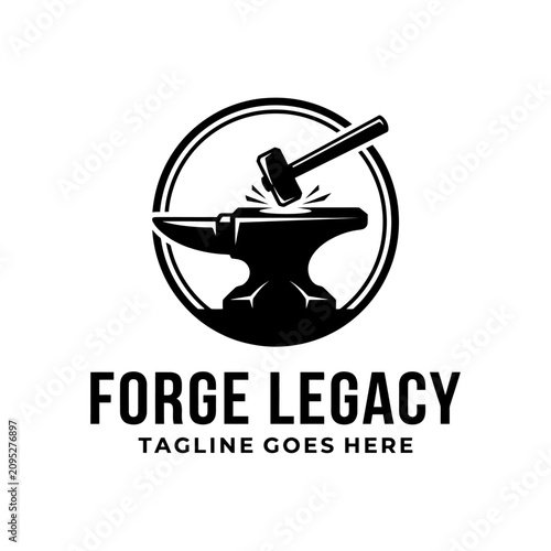 Industrial anvil and hammer forge logo.