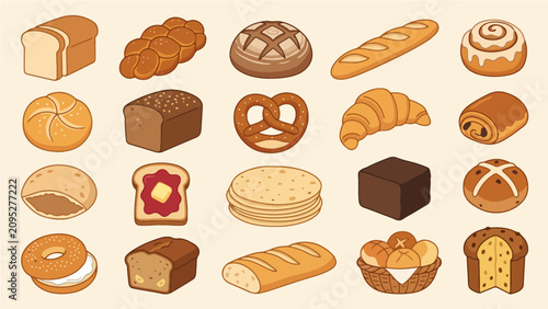 Hand Drawn Bakery Collection Featuring Various Fresh Bread Loaves Pastries and Artisanal Baked Goods Set on Light Background