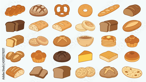 Collection of various artisanal bread loaves rolls and bakery items isolated on a light background for culinary design