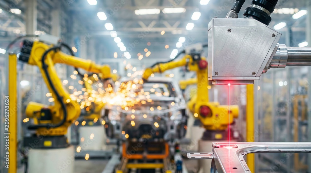 Fototapeta premium Robotic arms welding car components with sparks and laser marking metal parts in modern automotive production facility, symbolizing advanced manufacturing technology and efficiency.