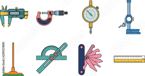 Precision Measuring Tools Vector Set with Caliper Micrometer Dial Indicator and Engineering Instruments