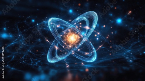 glowing atomic nucleus with swirling blue electron orbits, radiant particles and cosmic energy evoking awe and dynamic futuristic wonder