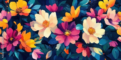 Vibrant colorful floral illustration of layered blooming flowers with deep blue foliage, joyful energetic decorative garden pattern