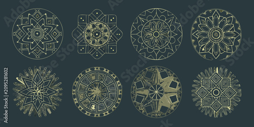 Bild auf Leinwand sacred geometry mandalas in gold line art on dark background pattern design orna