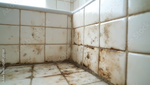 neglected bathroom shower corner with moldy stained white ceramic tiles and grimy grout, conveying damp unsanitary decay