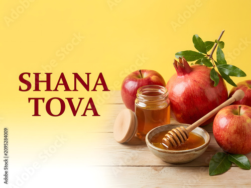 Rosh Hashanah greeting card with apples and honey. Jewish New Year celebration