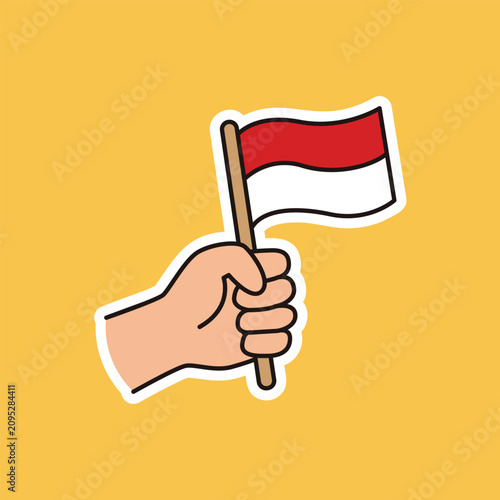 Hand Holding Small Indonesian Flag Cartoon Sticker Vector