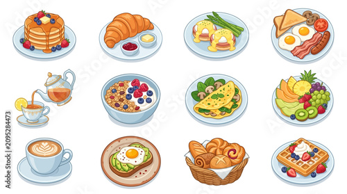 Foto Breakfast and brunch food menu icon collection.