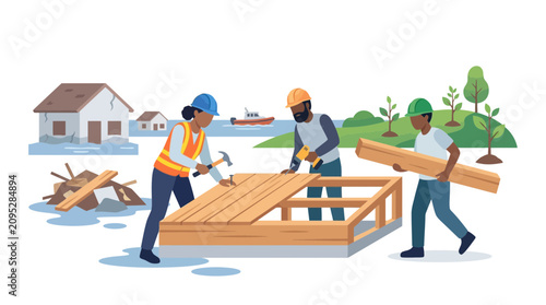 Bild auf Leinwand Diverse Workers Rebuilding Community After Natural Disaster Flood Illustration