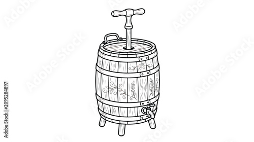 Schilderij op canvas Vintage wooden butter churn vector illustration, antique dairy barrel with manua