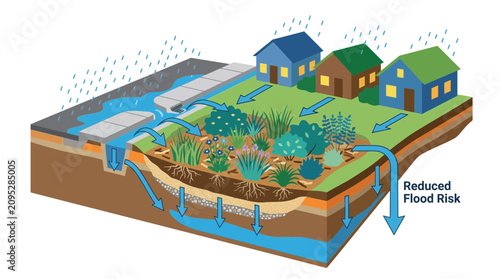 Obraz na płótnie Rain Garden Diagram Showing Stormwater Management and Reduced Flood Risk
