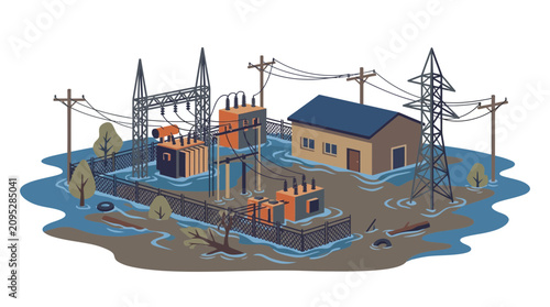 Slika na platnu Substation Flooding and Power Grid Damage Illustration