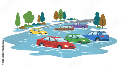 Tableau sur toile Cars Stranded in Flooded Street After Heavy Rainfall