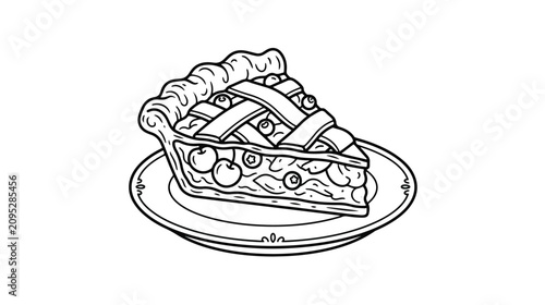 Fotografie Hand drawn cherry pie slice on plate vector, lattice crust fruit tart illustrati
