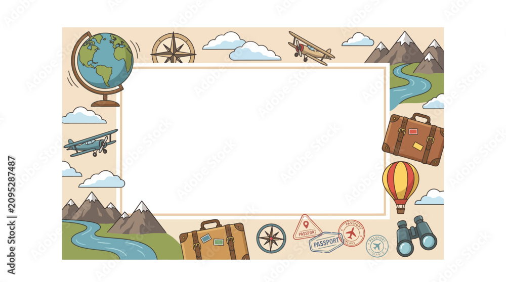 Fototapeta premium Creative Back to School Educational Frame with Travel Elements including Globe, Airplane, and Mountains for Geography Lessons