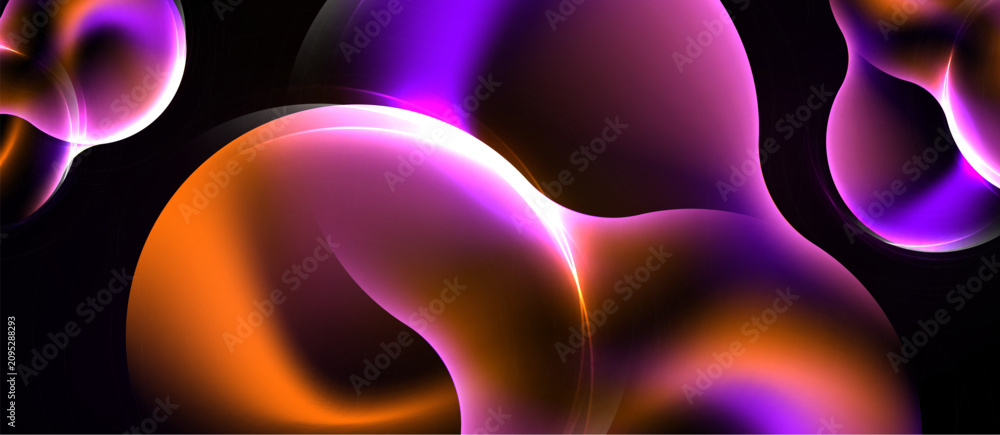 Naklejka premium Abstract shapes, vibrant colors, smooth gradients. Purple, orange hues dominate dark background. Modern digital art composition.