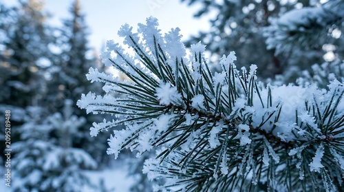 Close up winter pine branch covered in frost and snow