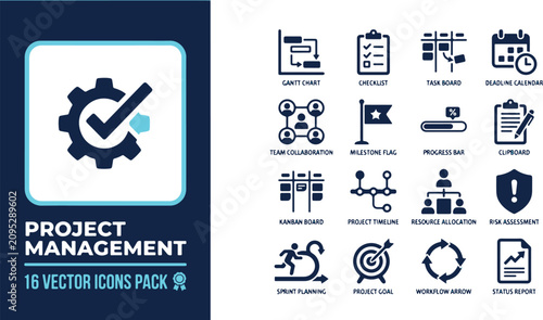 Business management icon set for workflow planning and strategic project organization.