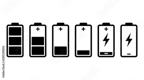 Battery level indicator icons full charge to empty black and white vector set
