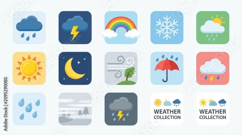 Weather icons collection illustrative set for forecasts apps and meteorological designs