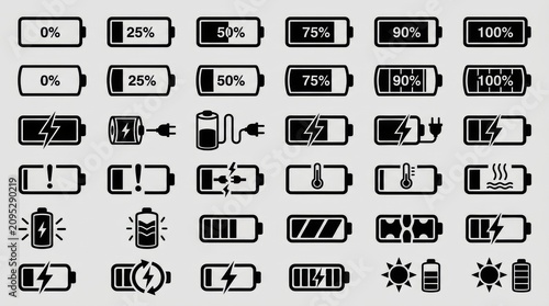 Battery level icons set charging temperature and power status indicators