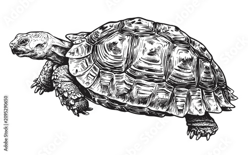 Fotografía Detailed ink of a walking tortoise, side view of a reptile with a textured shell