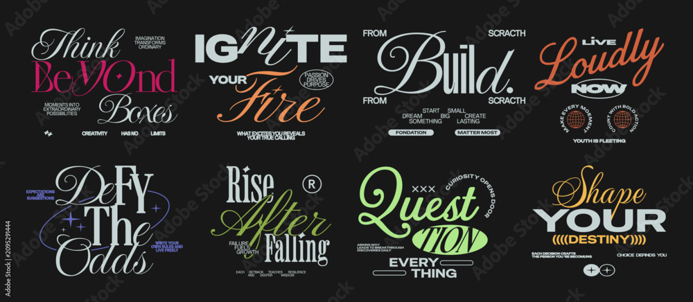 Fototapeta premium Minimal Typography Quote Designs Bundle for Urban Streetwear T-Shirt and Poster, Motivational Inspirational Apparel Lettering Vector Set