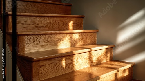 Sunlight Casting Warm Shadows on Wooden Staircase Interior.