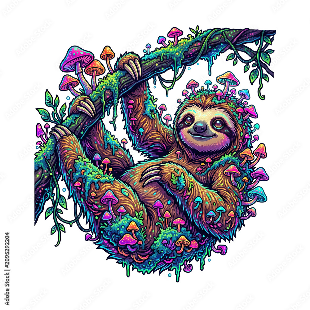 Fototapeta premium Psychedelic illustration of a smiling sloth hanging from a branch, covered in vibrant, glowing magic mushrooms, isolated on transparent background.