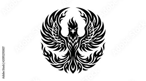 Fotografie Symmetrical phoenix bird symbol with swirling flames.