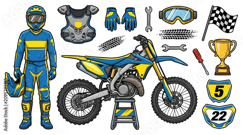 Konstfotografi Professional motocross rider wearing blue and yellow gear with a dirt bike and e