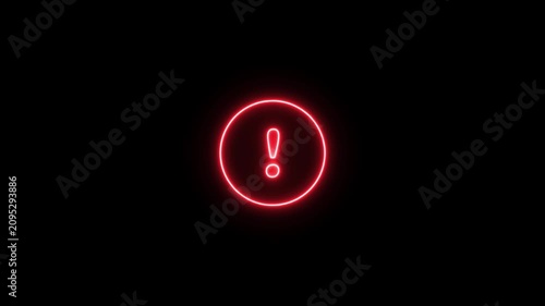 Animated Neon Alert Symbol, Glowing Exclamation Mark in Circle. Neon Exclamation Mark Warning Icon Animation on Black Background.