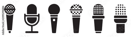 Quadro su tela Black silhouette microphone icons for professional sound engineering and vocal recording studio design elements