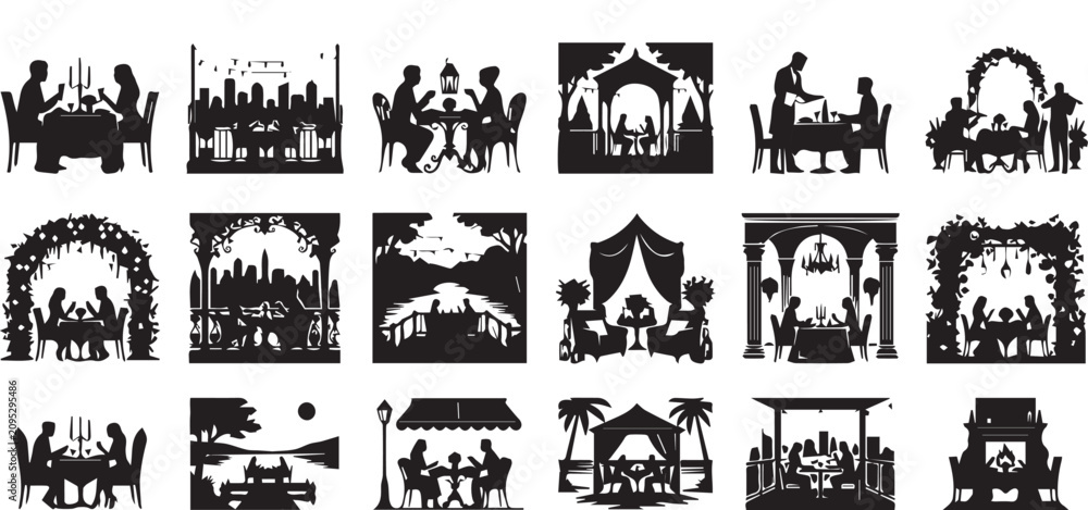 Fototapeta premium Romantic restaurant dining silhouette collection featuring couples candlelight dinner luxury outdoor terrace fine dining and wedding venue vector scenes