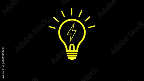 Animated Light Bulb Icon Blinking Idea Symbol. Flashing Light Bulb Animation on Black Background with Alpha Channel.