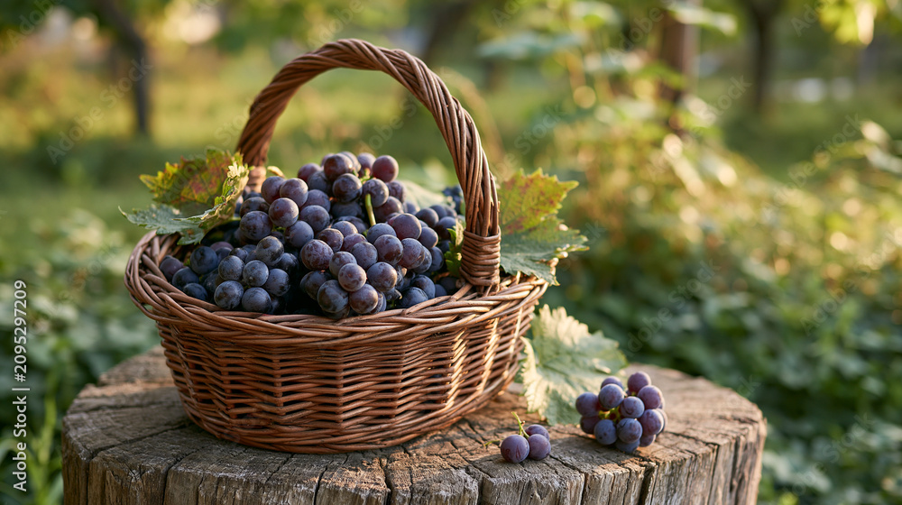 Obraz premium Basket of Fresh Purple Grapes in Vineyard
