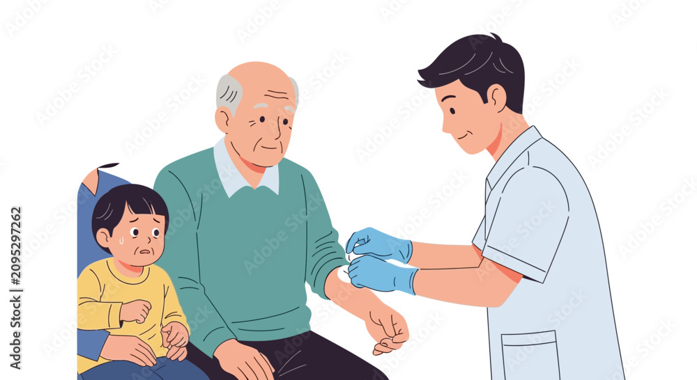 Obraz premium Nurse Administering Injection to Elderly Man, Child Watching
