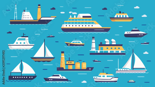 Konstfotografi Diverse watercraft illustration flat vector design with a blue background