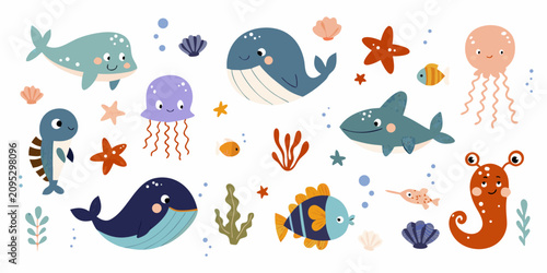 Canvas Print Colorful cartoon style sea creatures and marine life illustration