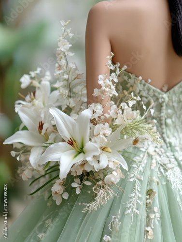 Delicate Wedding Dress with Elegant Floral Bouquet in Soft Green