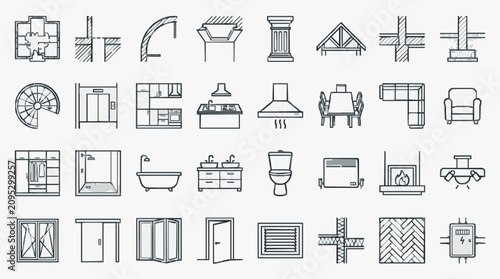Quadro su tela Industrial Minimalist Line Drawing Icons Set Featuring Architectural Elements Ho