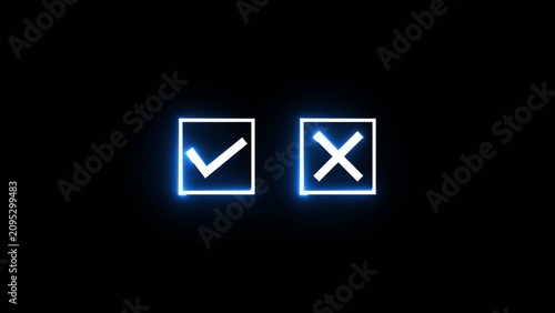 Neon blue check mark and cross icons glowing on black background for interface design style.