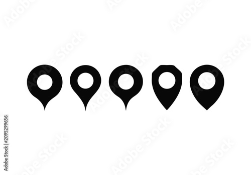 Five black map icons. Set of world geography shapes. Symbols.