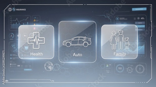 Digital insurance interface showing health, auto, and family coverage options with futuristic holographic design and data visualization elements.